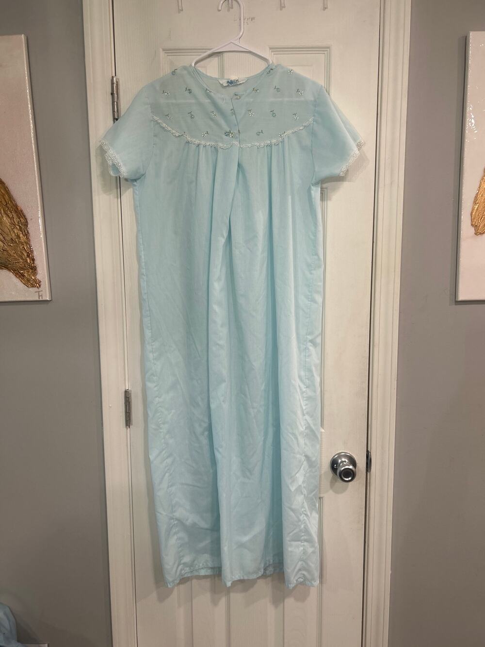 Vintage Katz Light Blue Embroidered Long Nightgown Cottagecore Medium Large